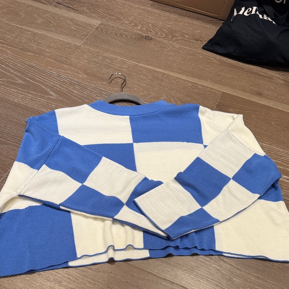 Blue and White Checkered Oversized Sweater